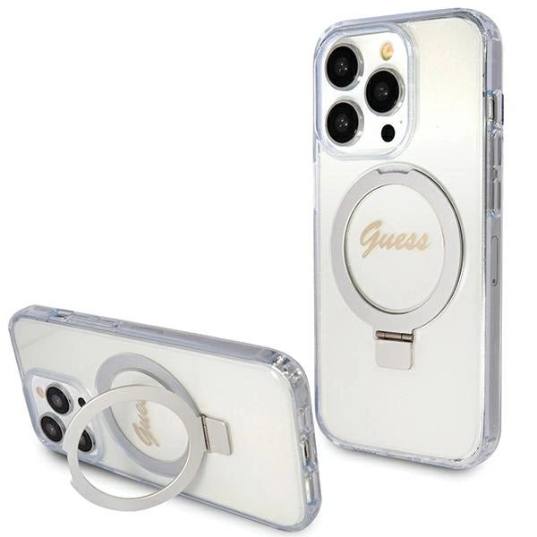 Guess Ring Stand Script Glitter MagSafe-hylster til iPhone 15 Pro - gennemsigtigt