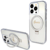 Guess Ring Stand Script Glitter MagSafe-hylster til iPhone 15 Pro - gennemsigtigt