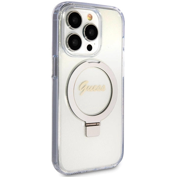 Guess Ring Stand Script Glitter MagSafe-hylster til iPhone 15 Pro - gennemsigtigt