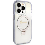 Guess Ring Stand Script Glitter MagSafe-hylster til iPhone 15 Pro - gennemsigtigt