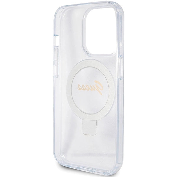 Guess Ring Stand Script Glitter MagSafe-hylster til iPhone 15 Pro - gennemsigtigt