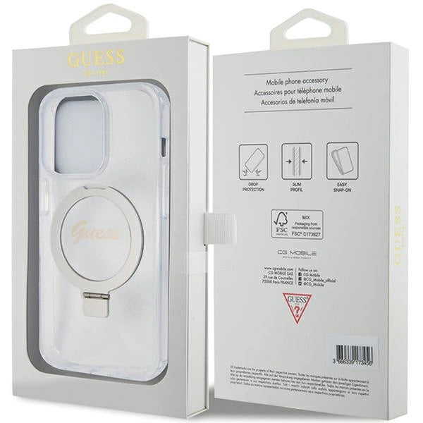 Guess Ring Stand Script Glitter MagSafe-hylster til iPhone 15 Pro - gennemsigtigt