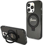 Guess Ring Stand Script Glitter MagSafe-hylster til iPhone 15 Pro - sort