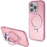 Guess Ring Stand Script Glitter MagSafe-hylster til iPhone 15 Pro - pink