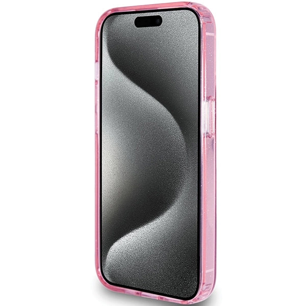 Guess Ring Stand Script Glitter MagSafe-hylster til iPhone 15 Pro - pink