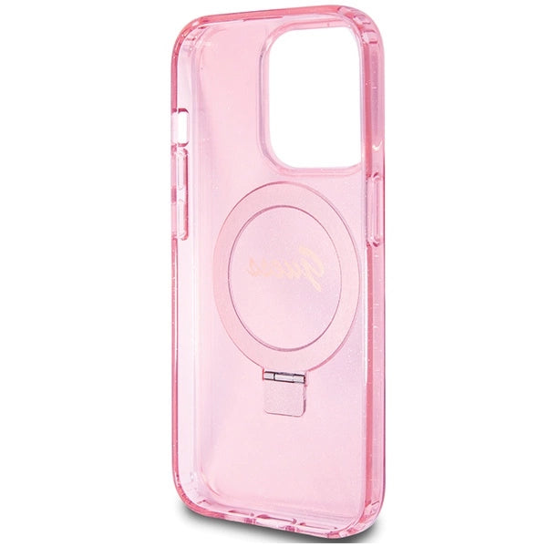Guess Ring Stand Script Glitter MagSafe-hylster til iPhone 15 Pro - pink
