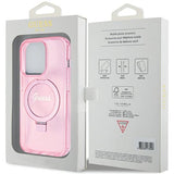 Guess Ring Stand Script Glitter MagSafe-hylster til iPhone 15 Pro - pink