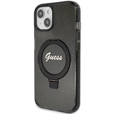 Guess Ring Stand Script Glitter MagSafe Case til iPhone 15 Plus / 14 Plus - sort