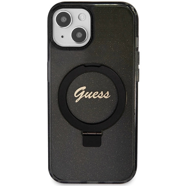Guess Ring Stand Script Glitter MagSafe Case til iPhone 15 Plus / 14 Plus - sort