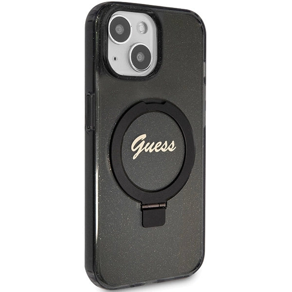 Guess Ring Stand Script Glitter MagSafe Case til iPhone 15 Plus / 14 Plus - sort