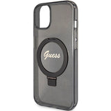 Guess Ring Stand Script Glitter MagSafe Case til iPhone 15 Plus / 14 Plus - sort