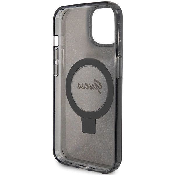 Guess Ring Stand Script Glitter MagSafe Case til iPhone 15 Plus / 14 Plus - sort