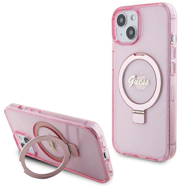 Guess Ring Stand Script Glitter MagSafe-hylster til iPhone 15 Plus / 14 Plus - pink