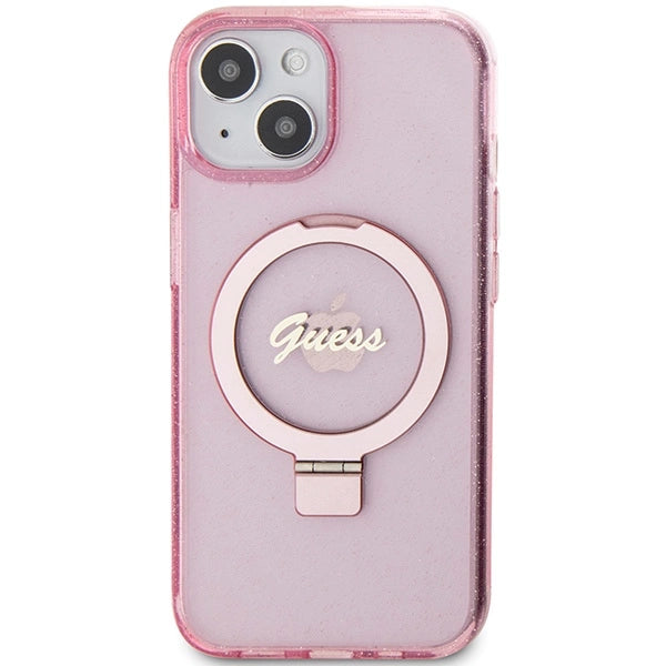 Guess Ring Stand Script Glitter MagSafe-hylster til iPhone 15 Plus / 14 Plus - pink