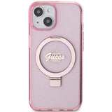 Guess Ring Stand Script Glitter MagSafe-hylster til iPhone 15 Plus / 14 Plus - pink