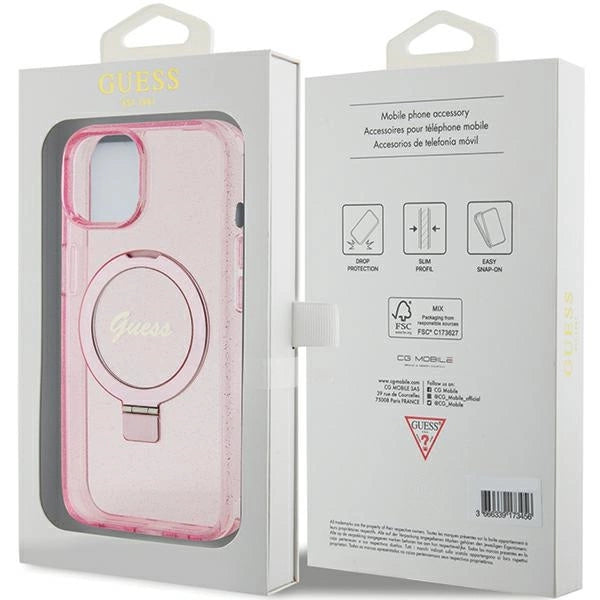 Guess Ring Stand Script Glitter MagSafe-hylster til iPhone 15 Plus / 14 Plus - pink