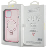 Guess Ring Stand Script Glitter MagSafe-hylster til iPhone 15 Plus / 14 Plus - pink