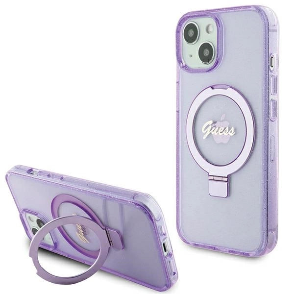 Guess Ring Stand Script Glitter MagSafe-hylster til iPhone 15 Plus / 14 Plus - lilla