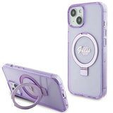 Guess Ring Stand Script Glitter MagSafe-hylster til iPhone 15 Plus / 14 Plus - lilla