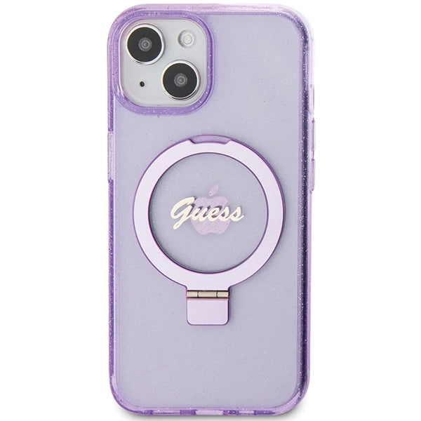 Guess Ring Stand Script Glitter MagSafe-hylster til iPhone 15 Plus / 14 Plus - lilla