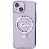 Guess Ring Stand Script Glitter MagSafe-hylster til iPhone 15 Plus / 14 Plus - lilla