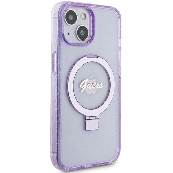 Guess Ring Stand Script Glitter MagSafe-hylster til iPhone 15 Plus / 14 Plus - lilla