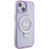 Guess Ring Stand Script Glitter MagSafe-hylster til iPhone 15 Plus / 14 Plus - lilla