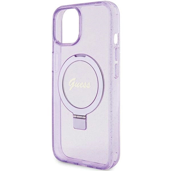 Guess Ring Stand Script Glitter MagSafe-hylster til iPhone 15 Plus / 14 Plus - lilla