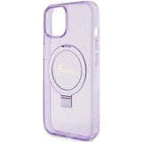 Guess Ring Stand Script Glitter MagSafe-hylster til iPhone 15 Plus / 14 Plus - lilla