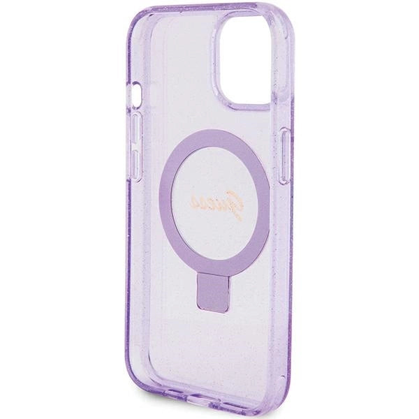 Guess Ring Stand Script Glitter MagSafe-hylster til iPhone 15 Plus / 14 Plus - lilla