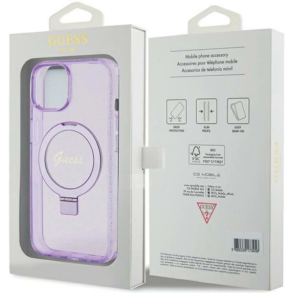 Guess Ring Stand Script Glitter MagSafe-hylster til iPhone 15 Plus / 14 Plus - lilla