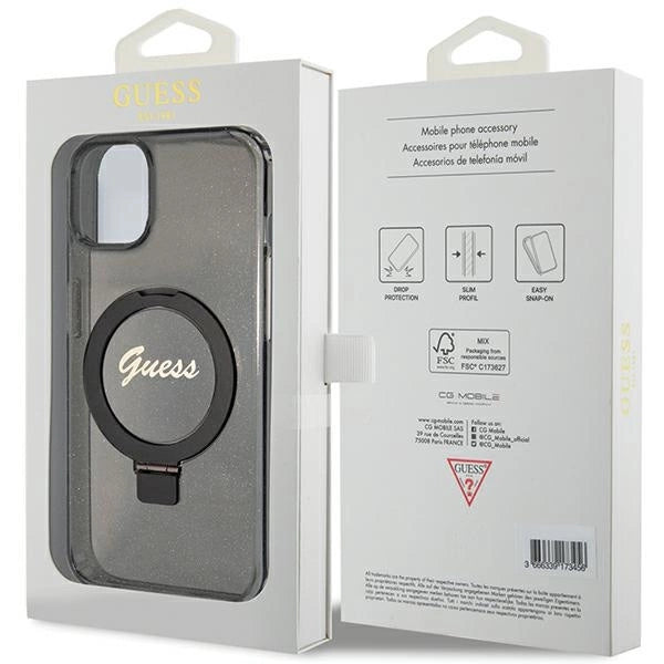 Guess Ring Stand Script Glitter MagSafe-hylster til iPhone 15 - sort