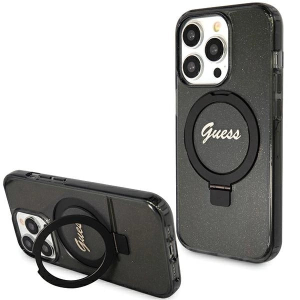 Guess Ring Stand Script Glitter MagSafe-hylster til iPhone 15 Pro Max - sort