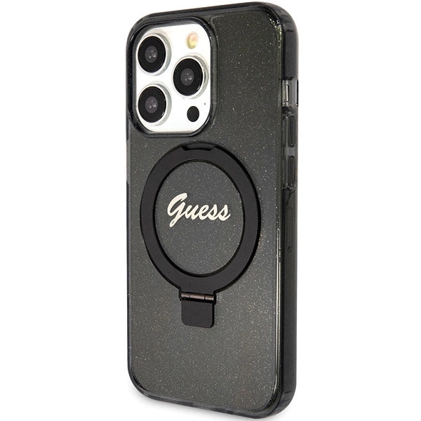 Guess Ring Stand Script Glitter MagSafe-hylster til iPhone 15 Pro Max - sort