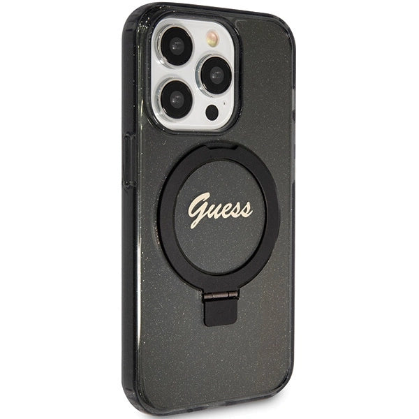 Guess Ring Stand Script Glitter MagSafe-hylster til iPhone 15 Pro Max - sort