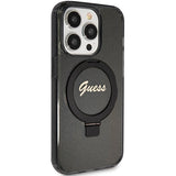 Guess Ring Stand Script Glitter MagSafe-hylster til iPhone 15 Pro Max - sort