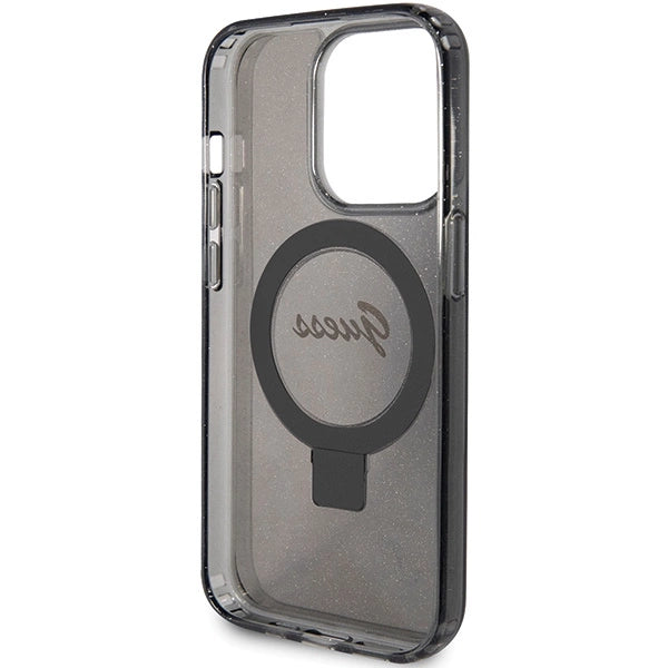 Guess Ring Stand Script Glitter MagSafe-hylster til iPhone 15 Pro Max - sort