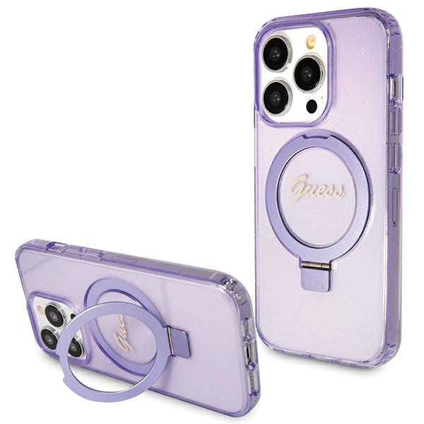 Guess Ring Stand Script Glitter MagSafe-hylster til iPhone 15 Pro Max - lilla