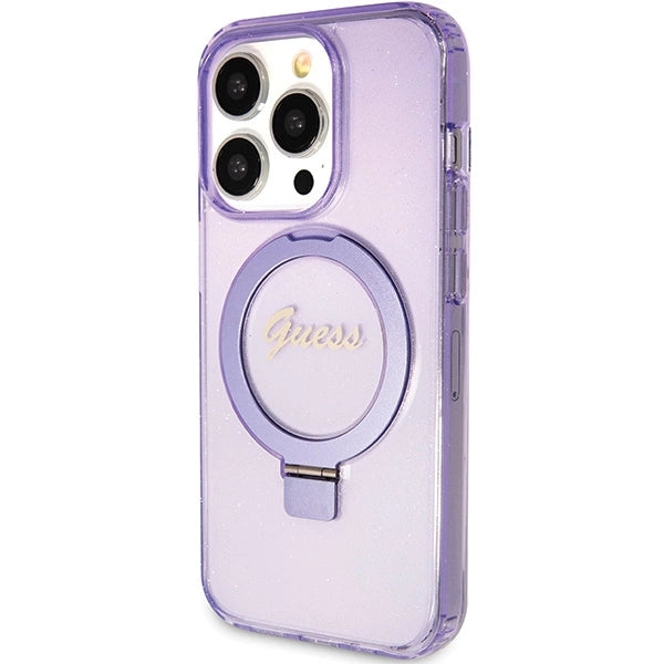 Guess Ring Stand Script Glitter MagSafe-hylster til iPhone 15 Pro Max - lilla