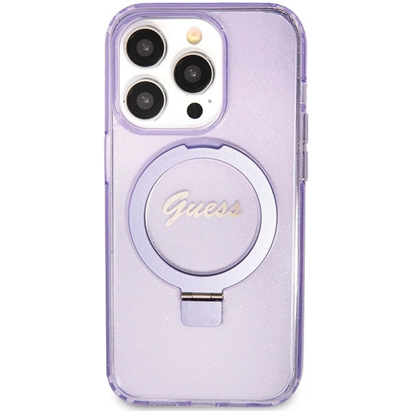 Guess Ring Stand Script Glitter MagSafe-hylster til iPhone 15 Pro Max - lilla