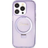 Guess Ring Stand Script Glitter MagSafe-hylster til iPhone 15 Pro Max - lilla