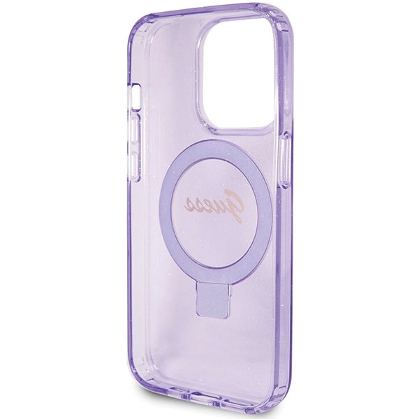 Guess Ring Stand Script Glitter MagSafe-hylster til iPhone 15 Pro Max - lilla