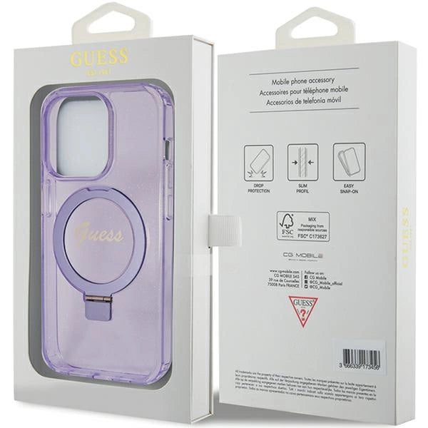 Guess Ring Stand Script Glitter MagSafe-hylster til iPhone 15 Pro Max - lilla