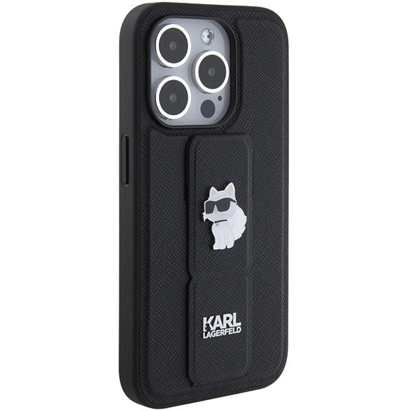 Karl Lagerfeld Gripstand Saffiano Choupette Pins case for iPhone 15 Pro - black