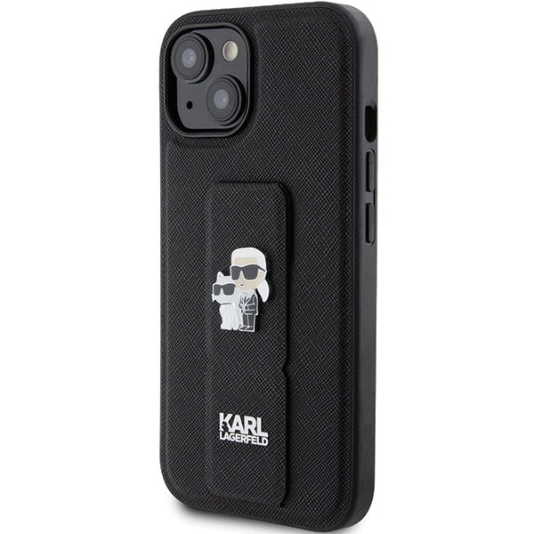Karl Lagerfeld Gripstand Saffiano Karl&Choupette Pins case for iPhone 15 Plus / 14 Plus - black