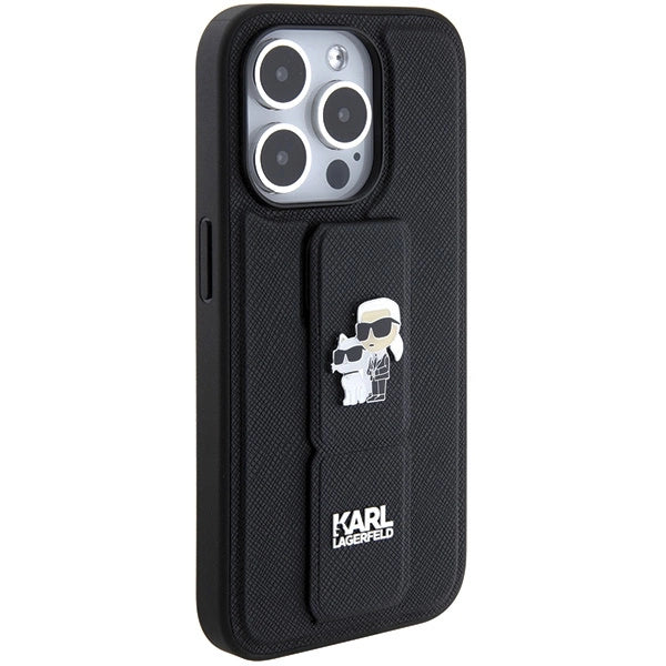 Karl Lagerfeld Gripstand Saffiano Karl&Choupette Pins case for iPhone 15 Pro Max - black