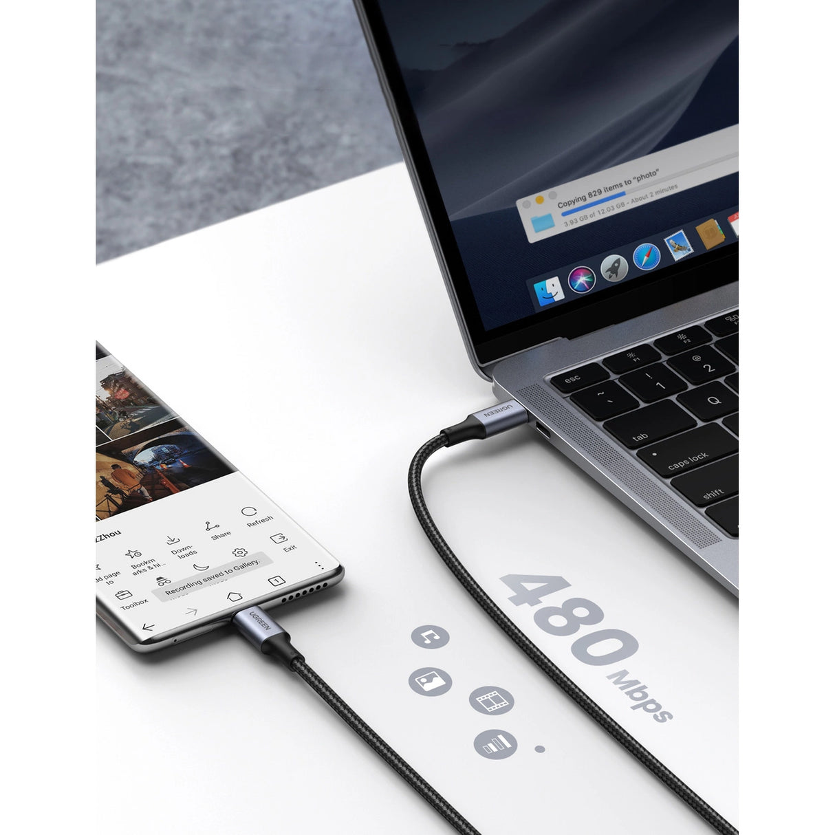 Grøn US316 USB-C / USB-C kabel 480Mb/s 5A 0,5m - Grå