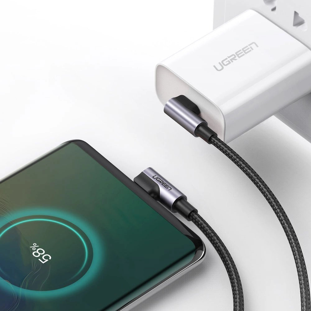 Grøn US323 vinklet USB-C - USB-C PD QC kabel 60W 3A 2m - sort