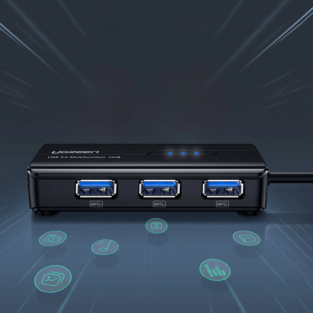 Ugreen 20265 USB-A / RJ45 1000 Mbps HUB 3x USB 3.0 netværksadapter - sort