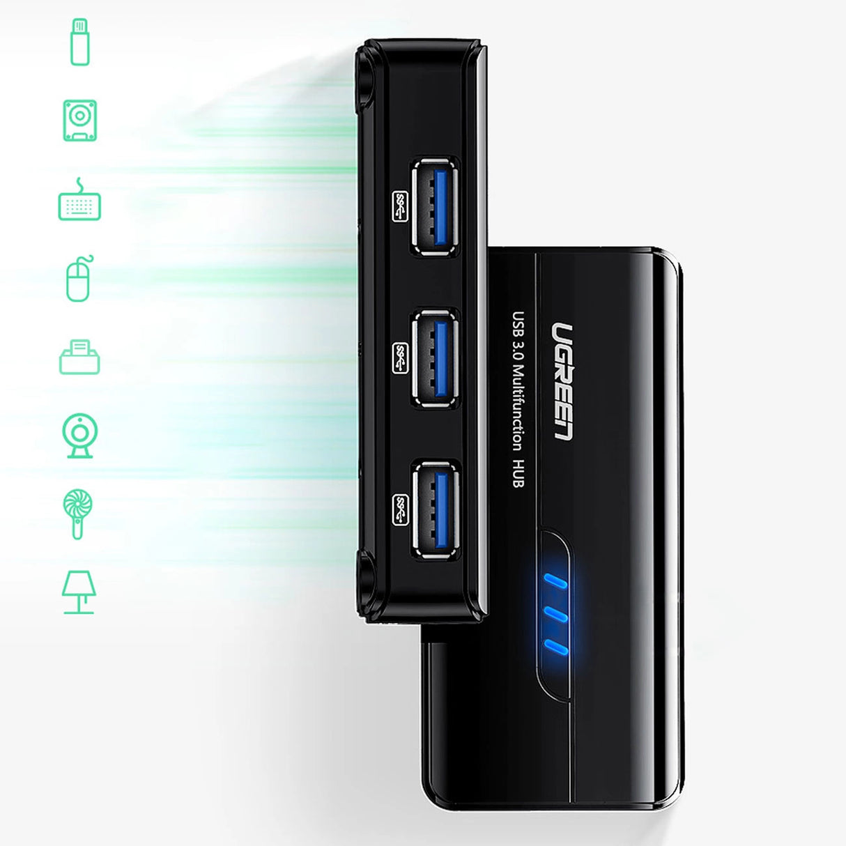Ugreen 20265 USB-A / RJ45 1000 Mbps HUB 3x USB 3.0 netværksadapter - sort